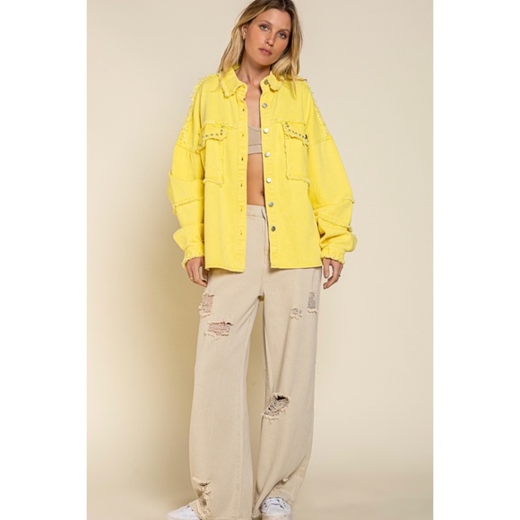 POL Yellow Raw Edge Reverse Seam Denim Shacket - Picture 6 of 8